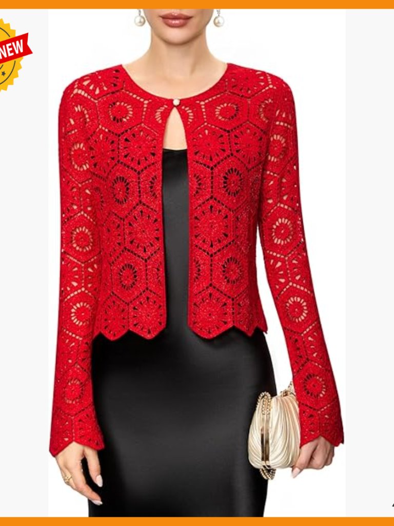 Vintage Crochet Cardigan With Gold Thread, One-Button Cropped Shrug For Formal